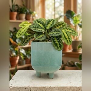 Turquoise Ceramic Barrel Planter with Stud Legs - 7" Mid Century Modern Footed